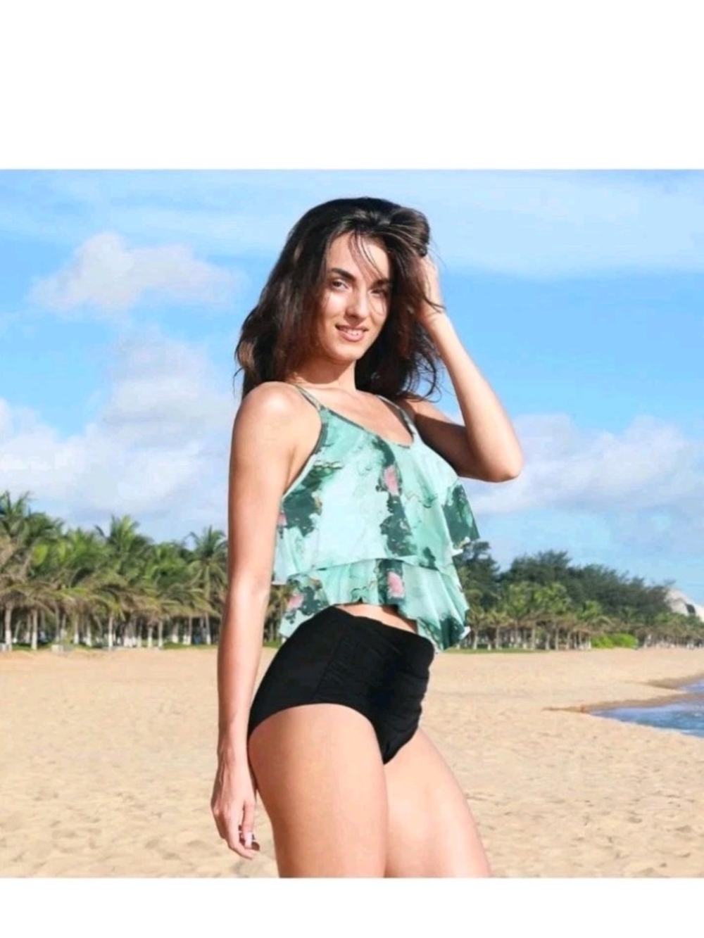 Marble-Print Mint Layered Ruffle Cami - Picture 3 of 12
